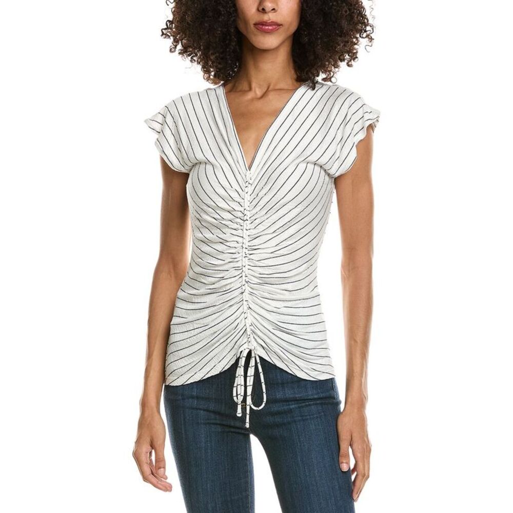 Max Studio Womens  Center Cinched Short Sleeve Top, White